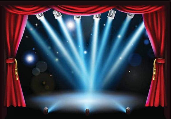 Stage background illustration with blue stage spot lights pointing to the centre of the stage and red curtain frame. Vector file is eps 10 and uses transparency blends and gradient mesh